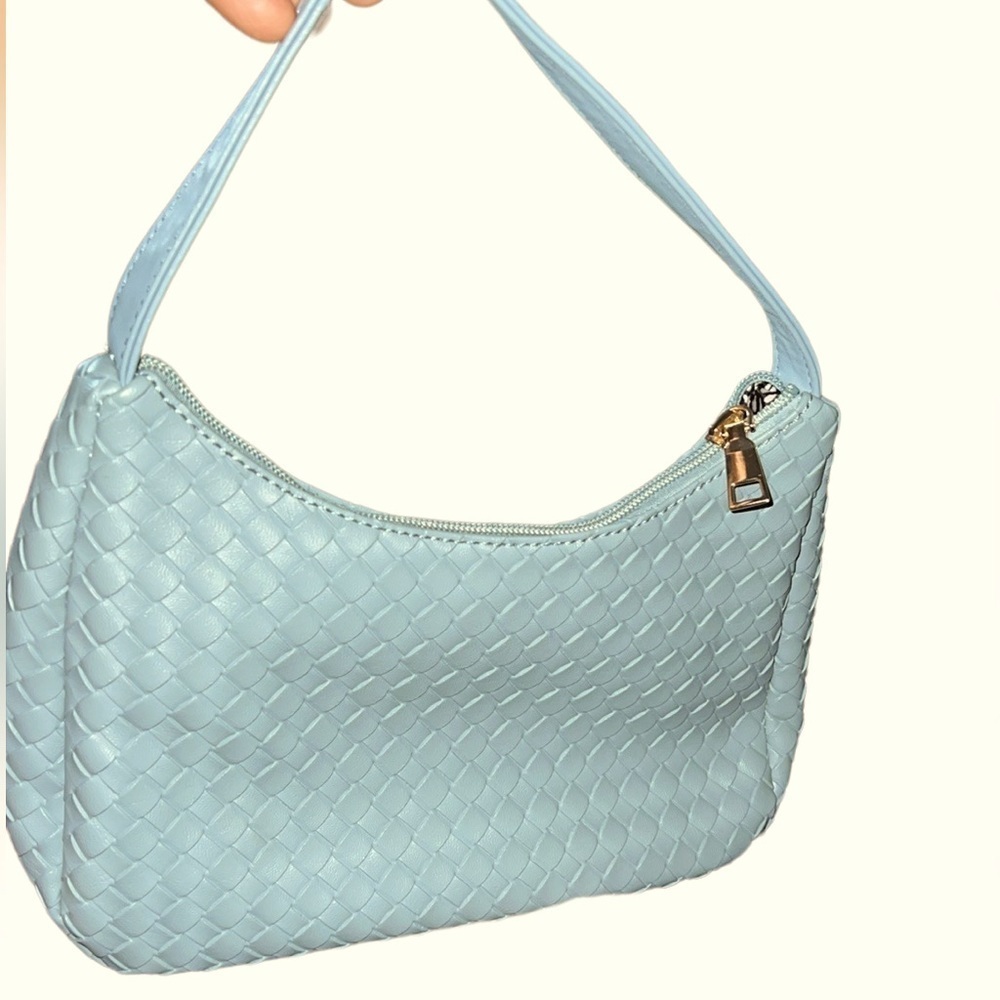 Vintage style sky blue woven  Nappa vegan leather shoulder bag